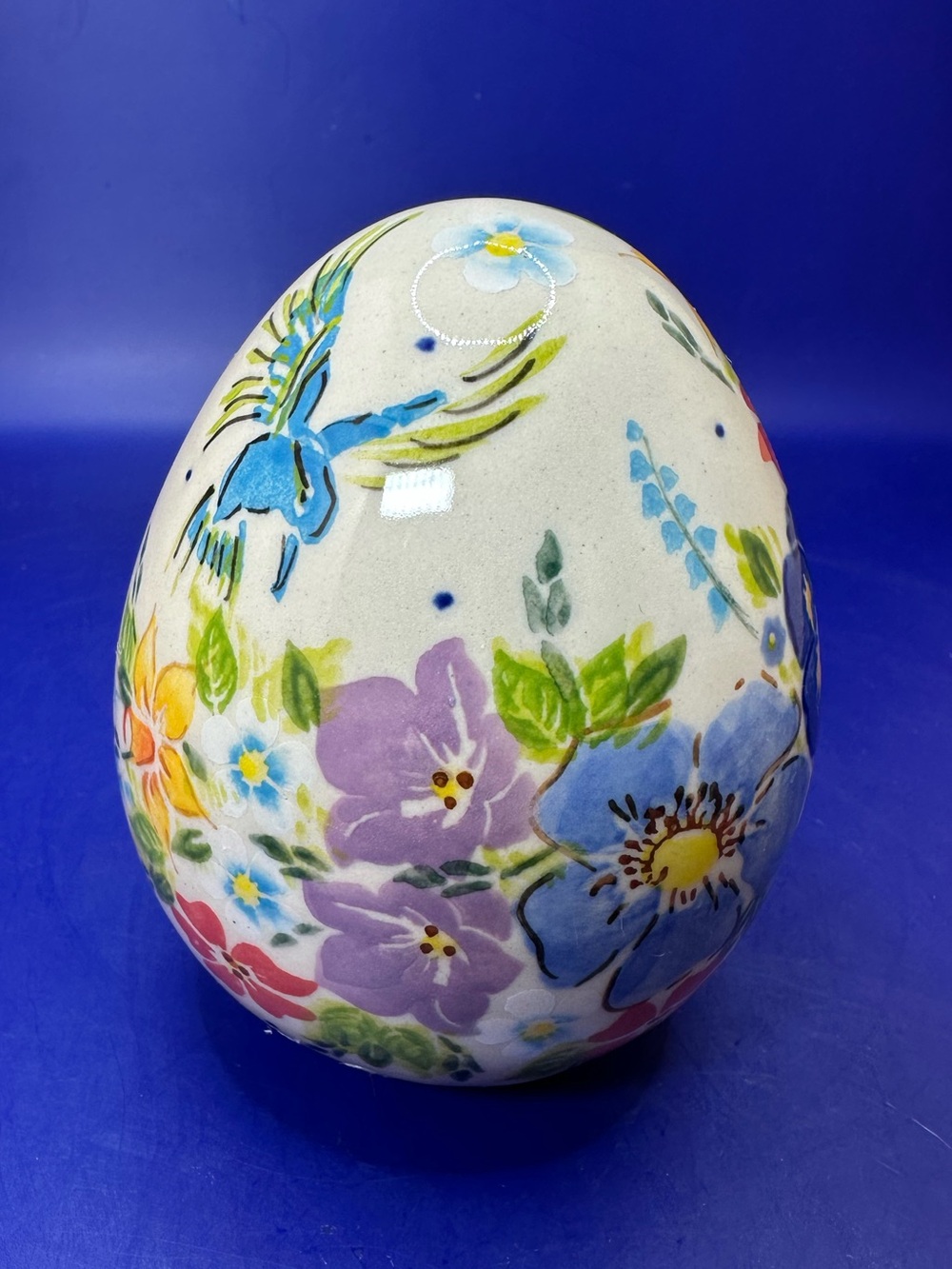 Vena Large Ceramic Easter Egg - Blue Bird  & Flowers